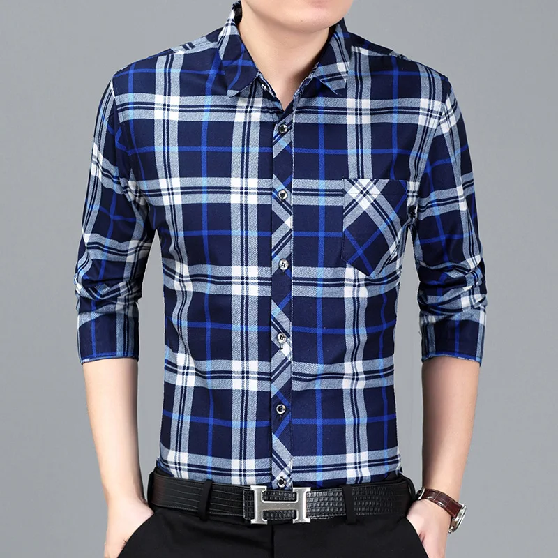 

Spring Autumn Cotton Quality Long Sleeve Mens Floral Plaid Casual Shirts Regular Light Weight Social Work Business Dress Shirt