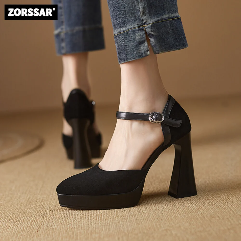 

10cm Mary Jane Heels Black Women Pointed Toe Pumps Kid Suede Leather Thick Heels Platform Office Pumps Woman Party Wedding Shoes