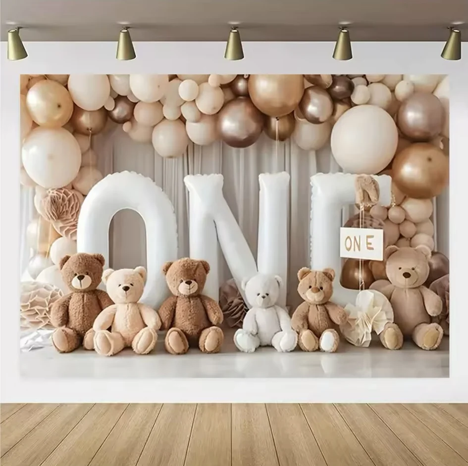 Colorful Balloon Teddy Bear Birthday Party Banner and Baby Shower Photography Backdrop