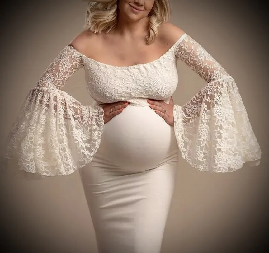 Maternity Photography Dresses for Photo Shoot Fashion New Women Pregnants  BOHO Gown Baby Shower Props Ruffles Long Lace Sleeve