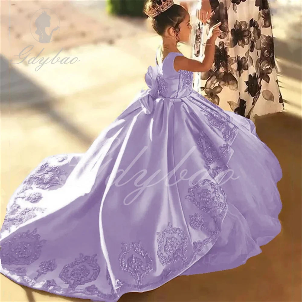 High Quality First Communion Dresses Kids Evening Ball Gown Gold Applique Bow Girls Pageant Dress Satin Tulle Flower Girl Dress flower girl dresses