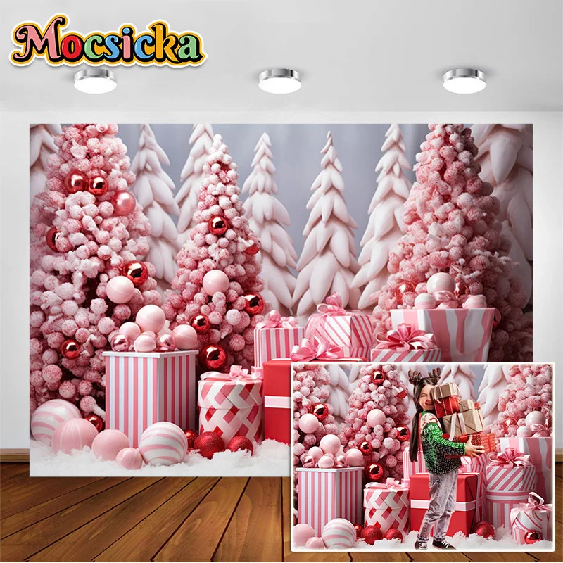 

Pink Christmas Tree Photography Background Red Gift Box Photographic Backdrop Digital Printing Kids Xmas Decoration Banner