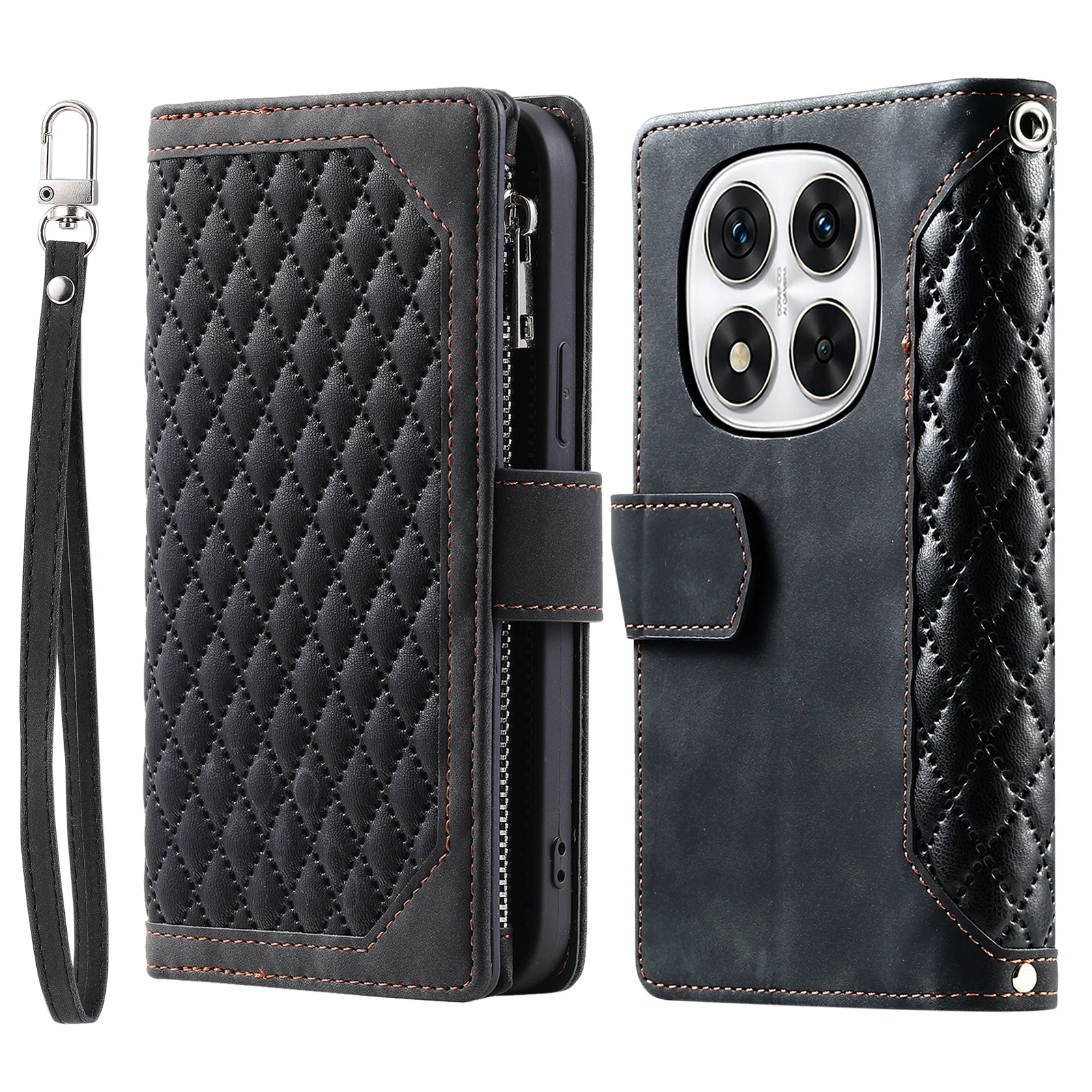 Crossbody Leather Wallet Case with Zipper Pocket and Long Lanyard - Grid Pattern Cover