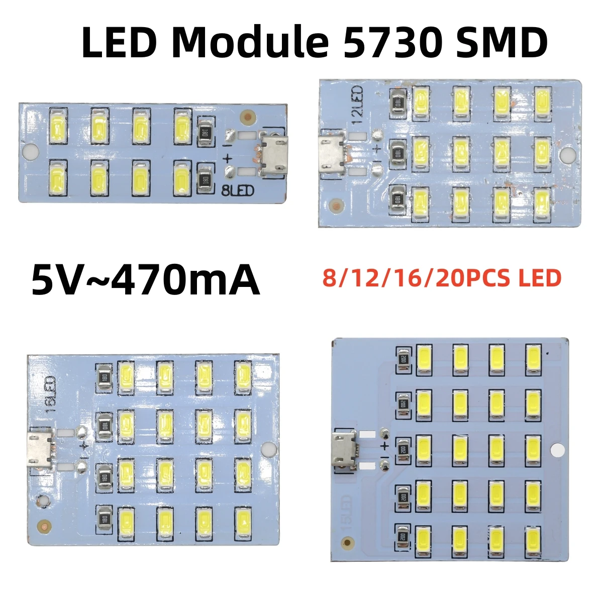 

8/12/16/20 LED Module 5730 SMD 5V~470mA White USB Micro LED Lighting Panel Emergency Night Light LED USB Mobile Light Board