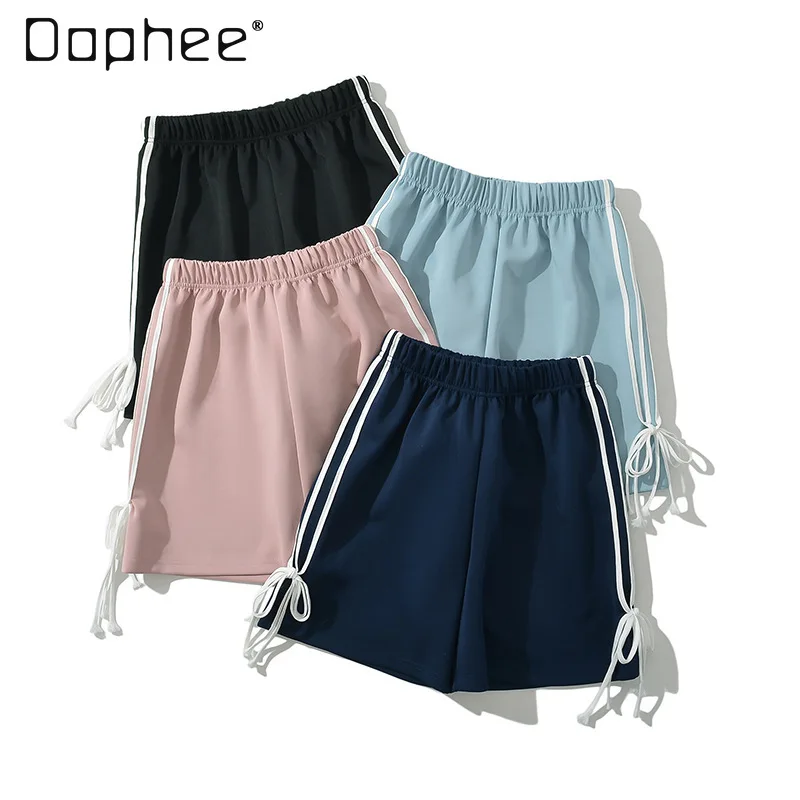 Loose Women's Sports Side Bow Lace-up Shorts 2024 Summer New Korean Style Leisure Sweet Woman High Waist Sport Shorts Mujer