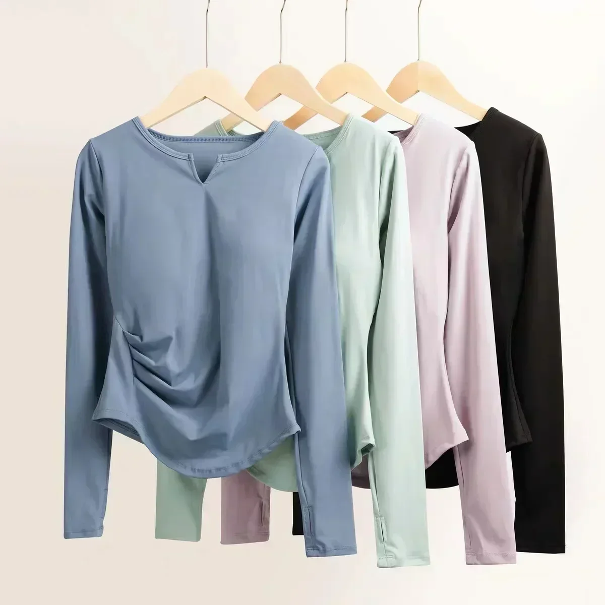 Lemon Women V Neck Slim Fit Long Sleeved Running T Shirt with Thumb Hole Sports Lightweight Shirts Hem T Shirt Tunic Pilates Top