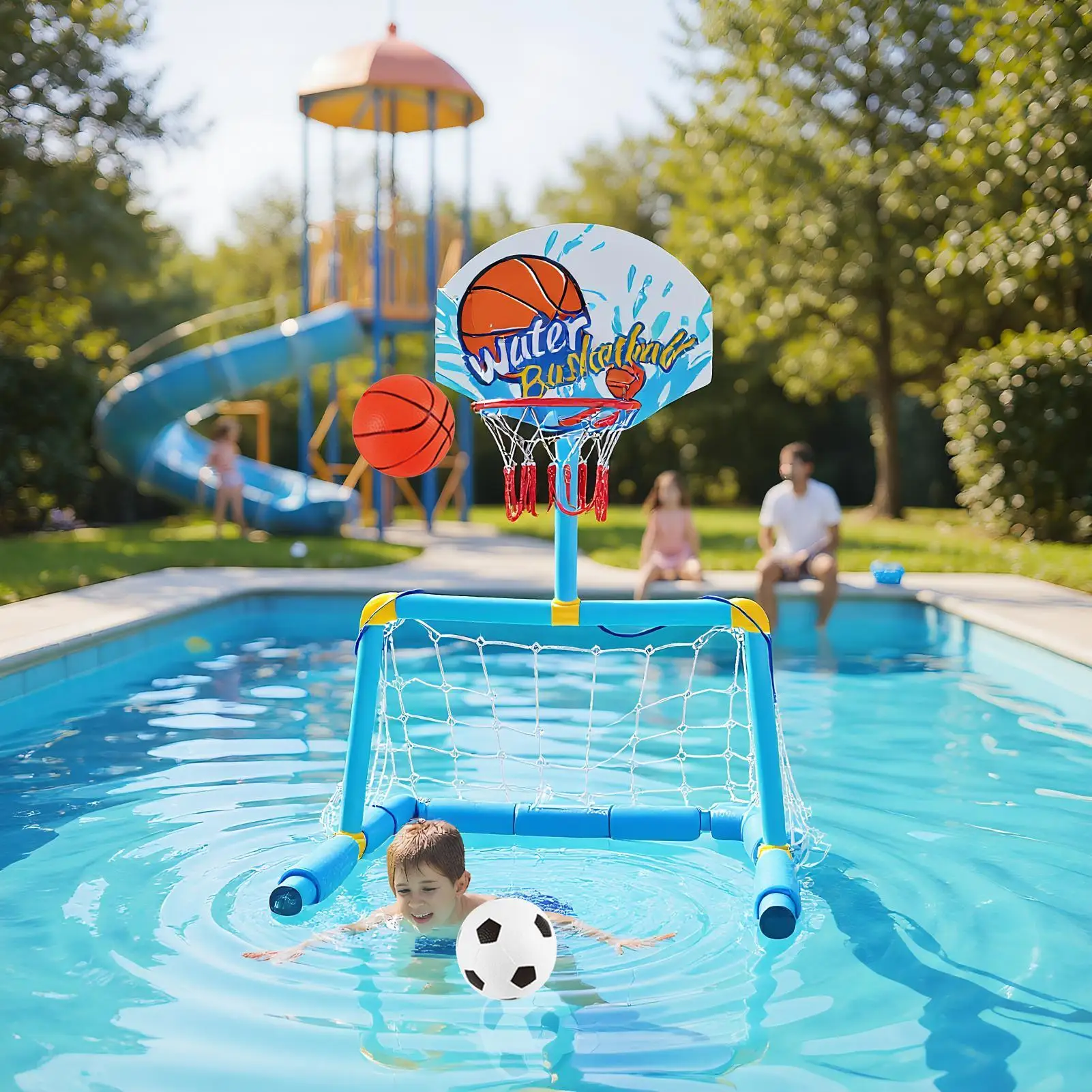 Poolside Basketball Hoop 2 In 1 Swimming Pool Football Goal With 2 Balls And 1 Pump Interactive Water Play Toy Basketball Hoop