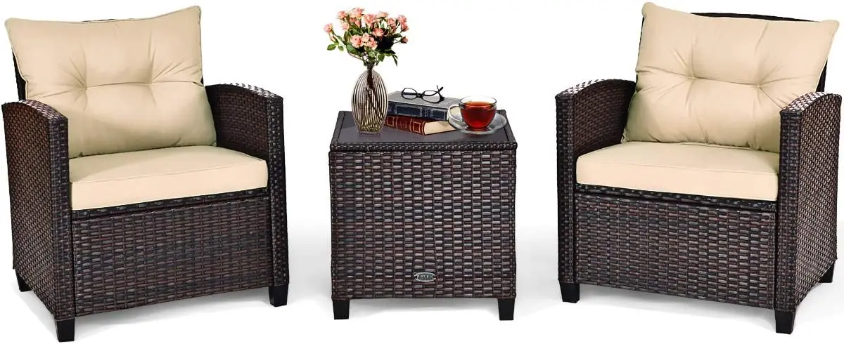 

Tangkula 3 Pieces Patio Furniture Set, PE Rattan Wicker 3 Pcs Outdoor Sofa Set w/Washable Cushion and Tempered Glass Tabletop