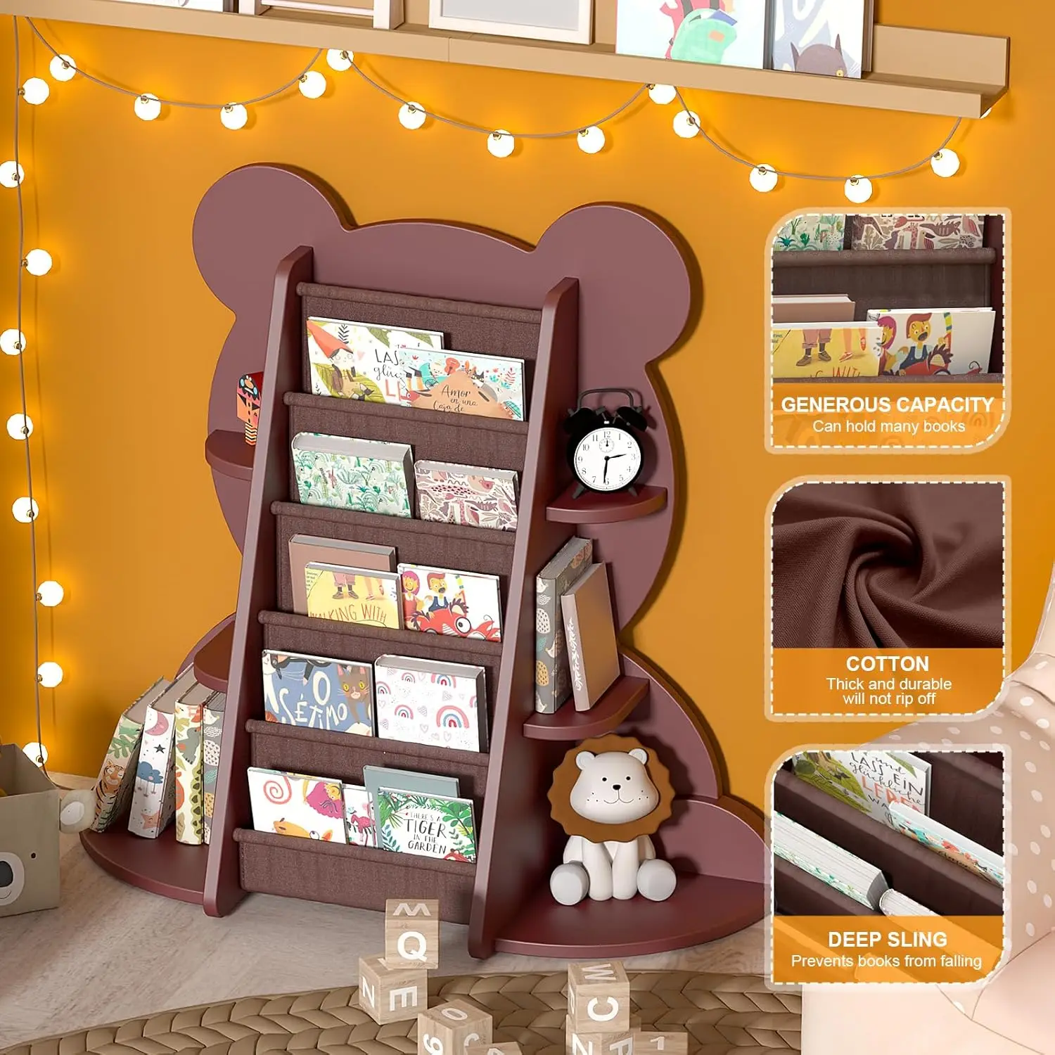 Brown Bear Kids Bookshelf Sling Toddler Bookcase 5-Tier Montessori Baby Book Rack Children Toy Storage Organizer Wood Display 5