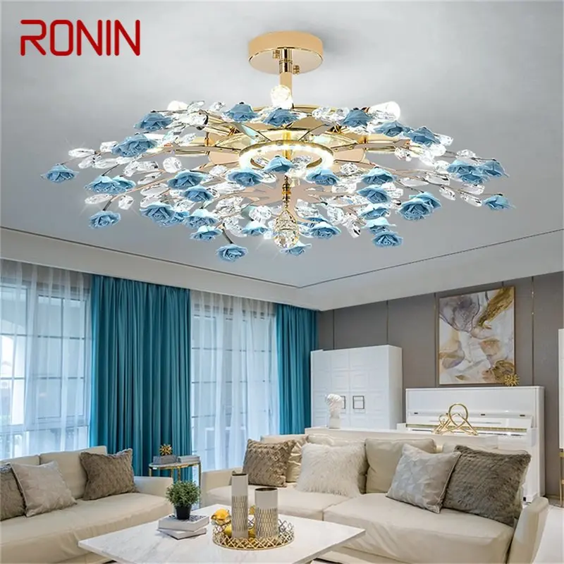 

RONIN Creative Chandeliers Light Crystal Pendant Lamp Blue Flower Branch Home LED Fixture for Living Dining Room
