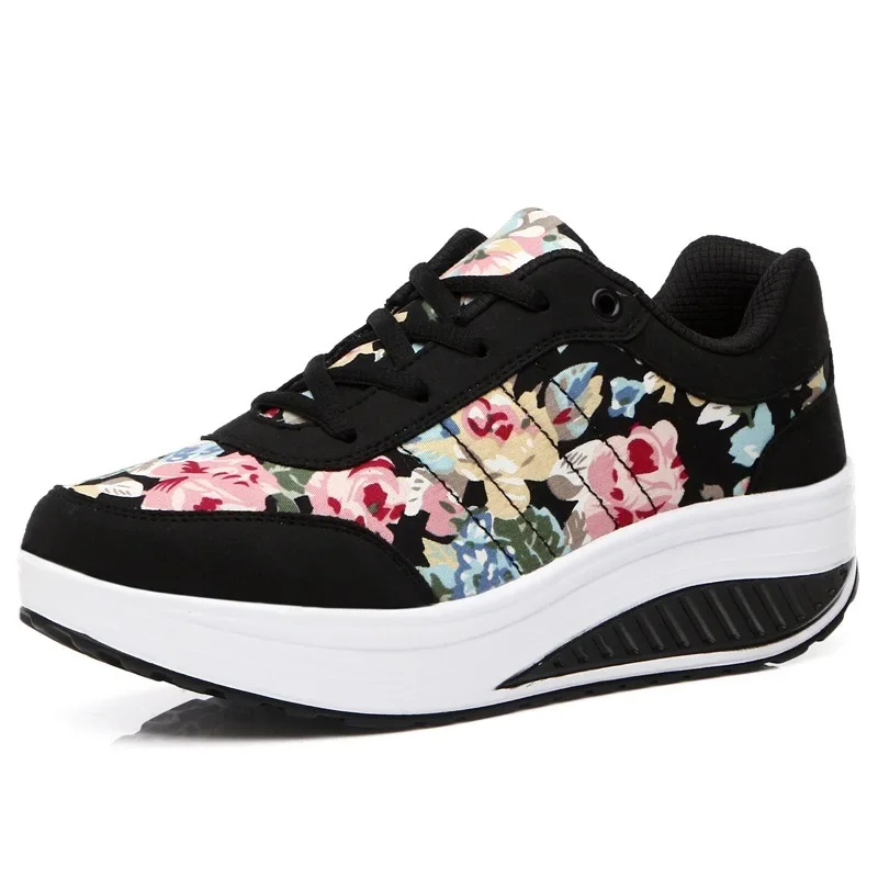 Women Breathable Toning Shoes Flower Printed Comfortable Thick Soles Swing Shoes Platform Wedge Slimming Sneakers sports shoes