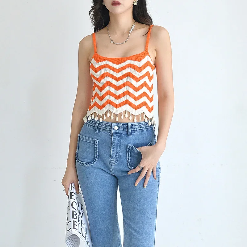 

Женская полосатая кофта с подвеской без рукавов, Простые Летние топы на бретельках, 2024