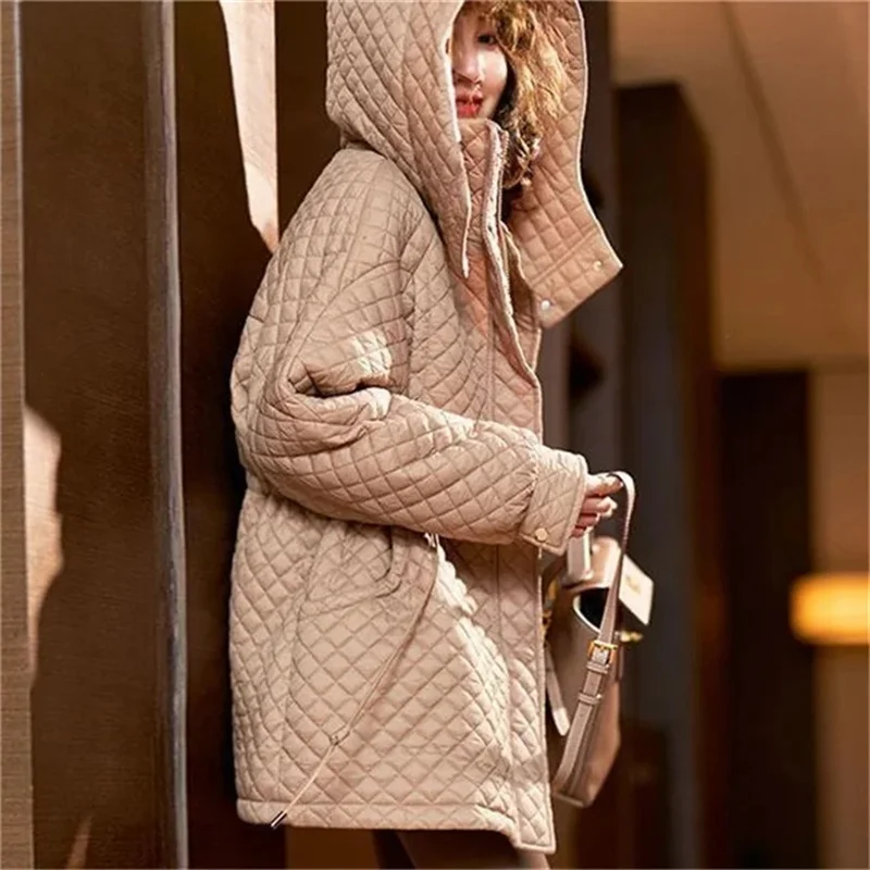 2025 Spring Autumn European Station Mid Length Loose Hooded Padded Coat Women New Korean Rhombic Thin Black Cotton-padded Jacket