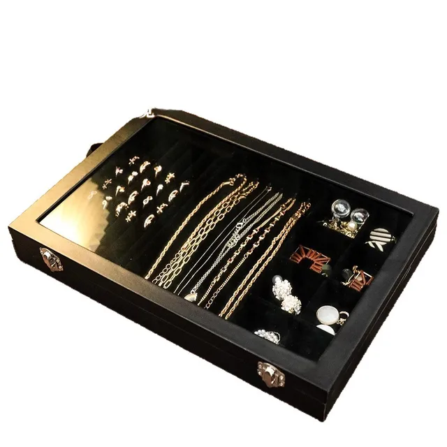 Boîte à bijoux noire avec couvercle, pour collier, bague, boucle d'oreille, Bracelet, affichage de rangement, cuir anti-poussière, Style décontracté, Surface dure