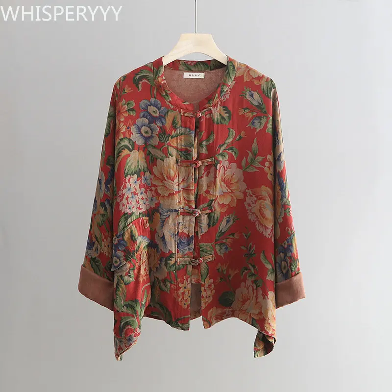 Cotton and Hemp Top Women's Retro Chinese Style Shirt Old Cloth Printed Top Long-sleeved Flower Coat Chinese Blouse Women