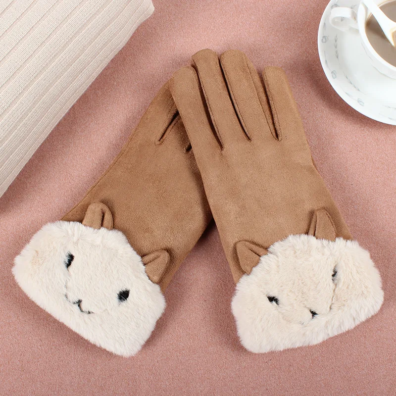 Winter Warm Mittens Cartoon Cat Design Suede Leather Internal Plush Touch Screen Gloves Women's Cycling Driving Riding Gloves