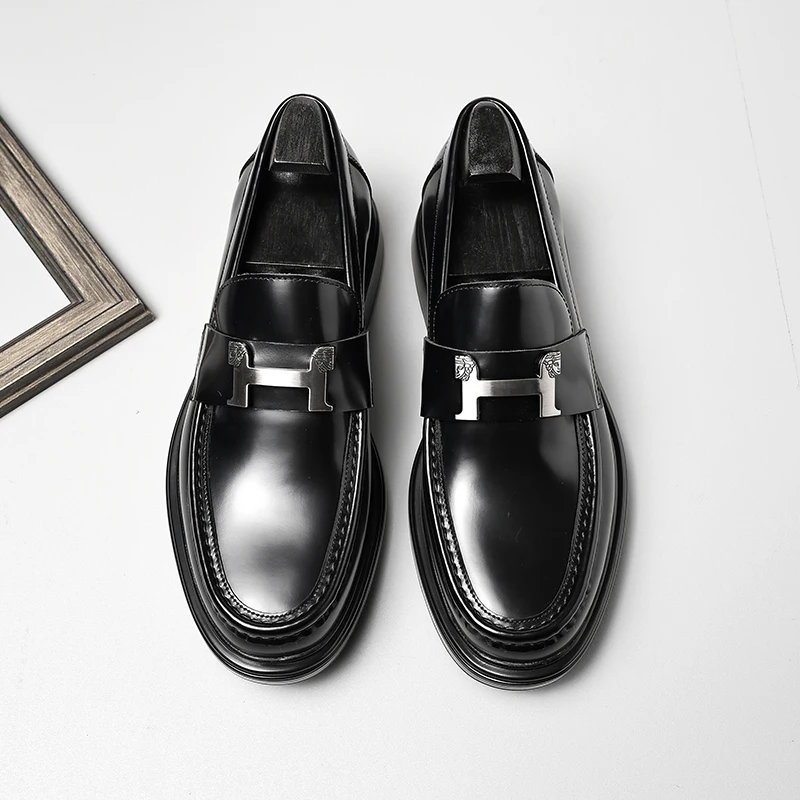Leather shoes man, cover foot, square head, buckle, formal wedding, handmade, groom wear, European version