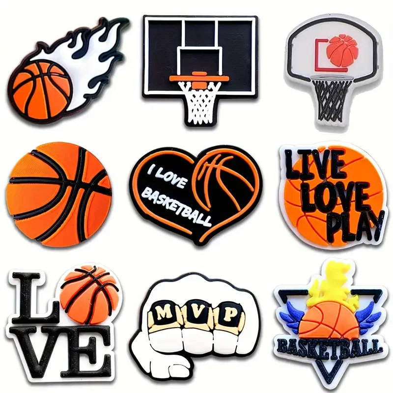 9 Stück PVC Sport Basketball Themen Cape Sandale Dekoration, Clog Pins Schuh Charm DIY Zubehör Geschenke für Urlaub Party Gefälligkeiten