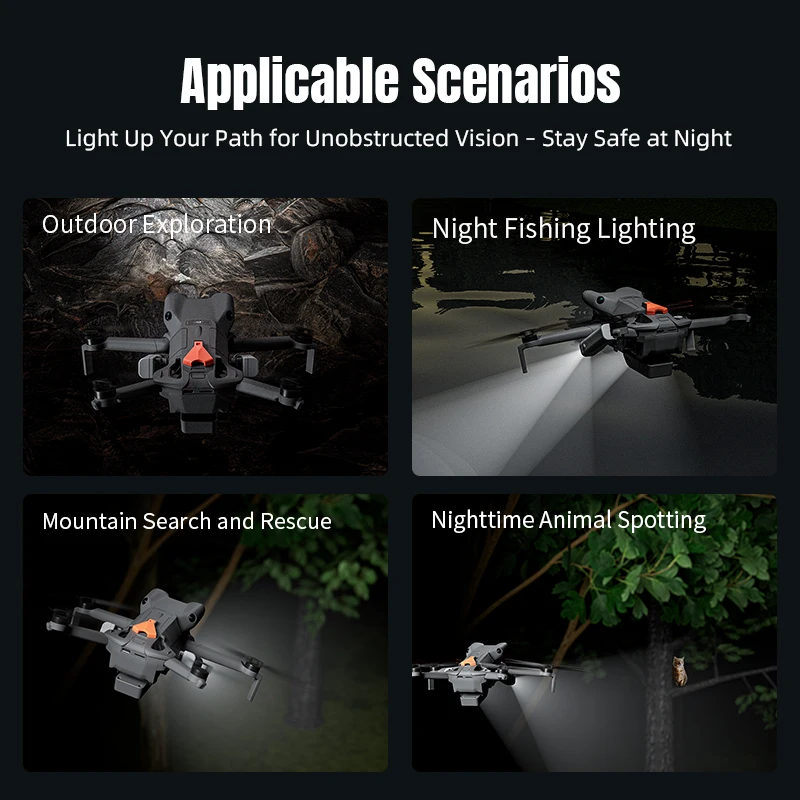Projecteur LED rechargeable pour DJI Mini 5 Pro, vue latérale montrant le boîtier et le câble USB-C.
