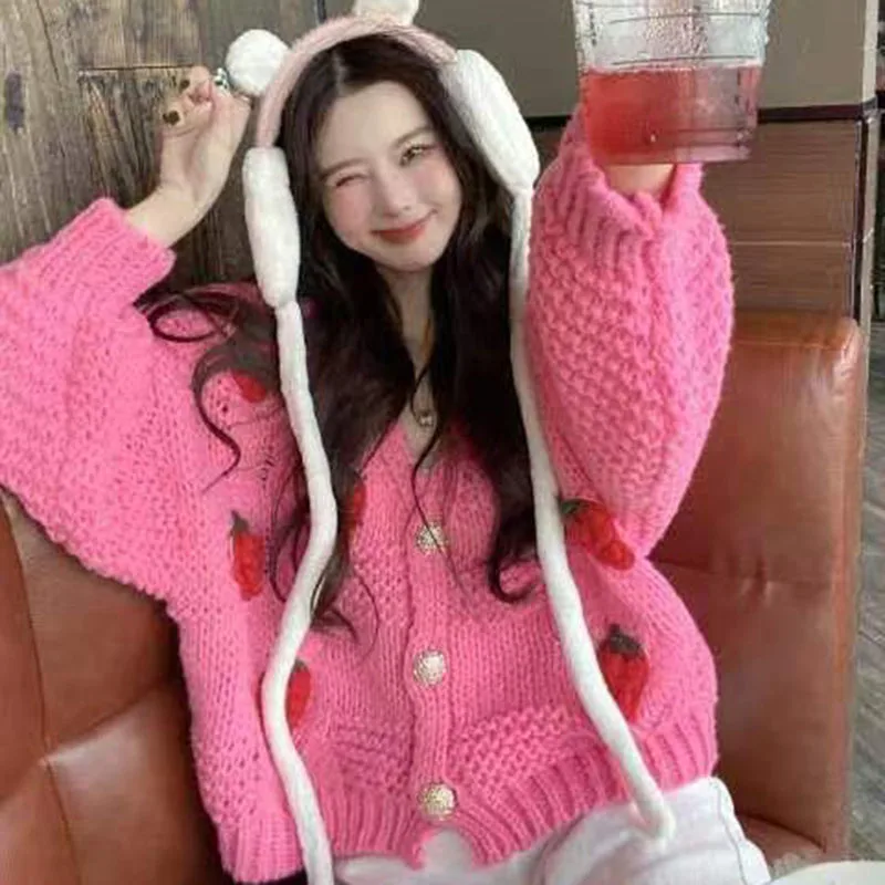 여성용 딸기 니트 가디건, 긴 소매, 루즈 싱글 브레스트 스웨터 코트, 여성 패션, 두껍고 따뜻한 가디건, 가을