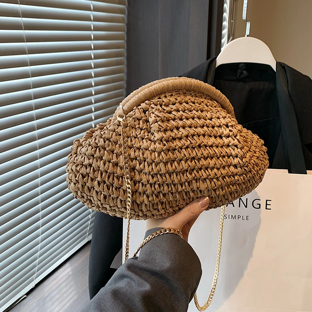 Women Straw Crossbody Bag Clutch Purse Chain Straw Shoulder Bags Handbag Dumpling Pouch Rattan Boho Summer Beach Woven Bag