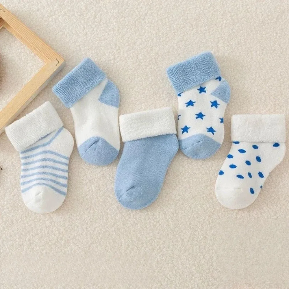 5 Pairs New Cotton Short Socks Non-Skid Design Pink Blue Floor Stocking Polka Dot Stars Breathable Winter Socks Infant Wear