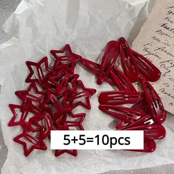 Set of 10 Red Star Snap Clips - Waterdrop Barrettes & Hairpins in Black and Silver for Women and Girls - Kawaii Hair Accessories (5 Star and 5 SD)