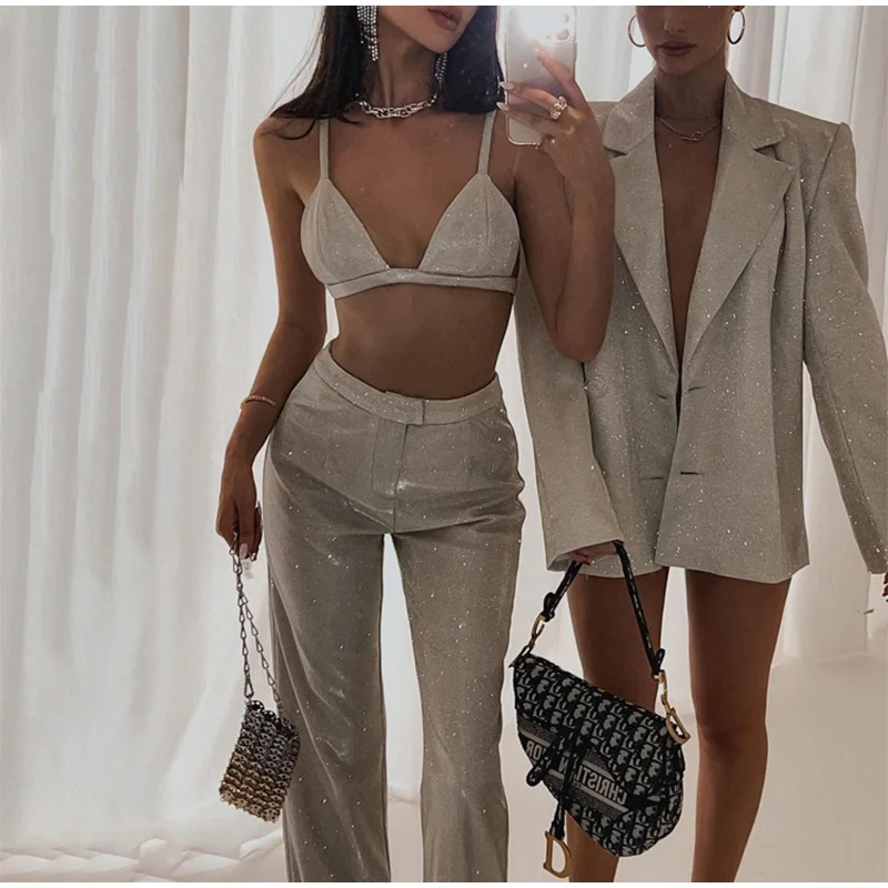 Party Sexy Glitter Sleeveless Crop Top Two Piece Set Women Summer Club Bling High Waist Pants Sets Straight Trouser Bra Suits plus size pants suits evening wear