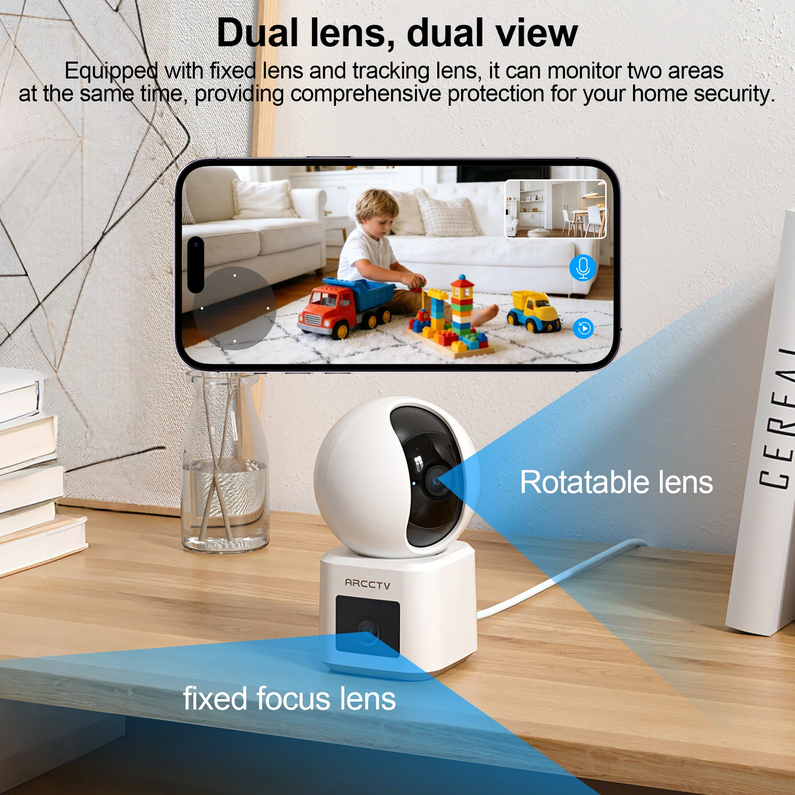 ARCCTV 4MP Dual Lens WiFi Surveillance Camera HD Two Way Talk IR Night Vision Security Wireless Camera 360° View Auto Tracking 2