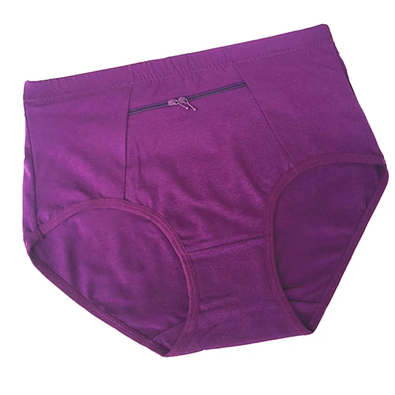 Women Soft Cotton Briefs Underwear With Zipper Pocket Solid Comfortable  Panties