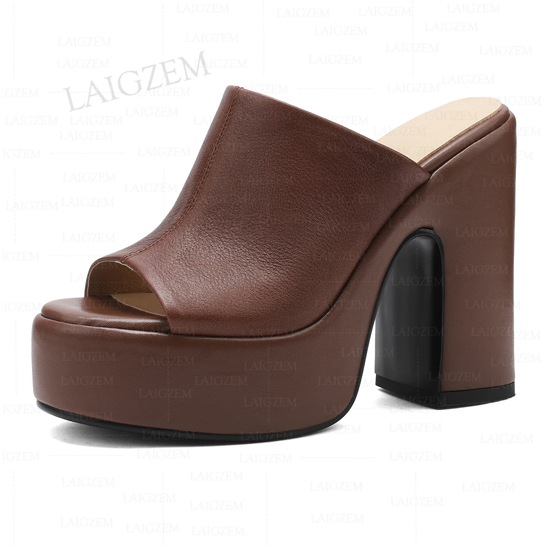 

LAIGZEM Women Platform Pumps Genuine Leather Peep Toe 12.5CM Chunky Block Heels Slides Mules Prom Handmade Shoes Woman Size 39