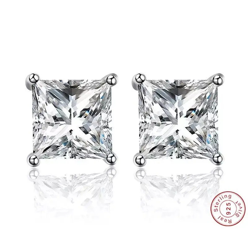 

Hot Halo Earring For Women 100% 925 Sterling Silver 4 Prongs Princess Cut 2 ct Diamond Stud Earring Women Engagement Wedding