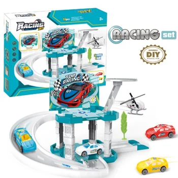 set of assembled car toy set with 360 degree rotation DIY scene puzzle toy, glider rail car toy set, parking lot toy, children's 1