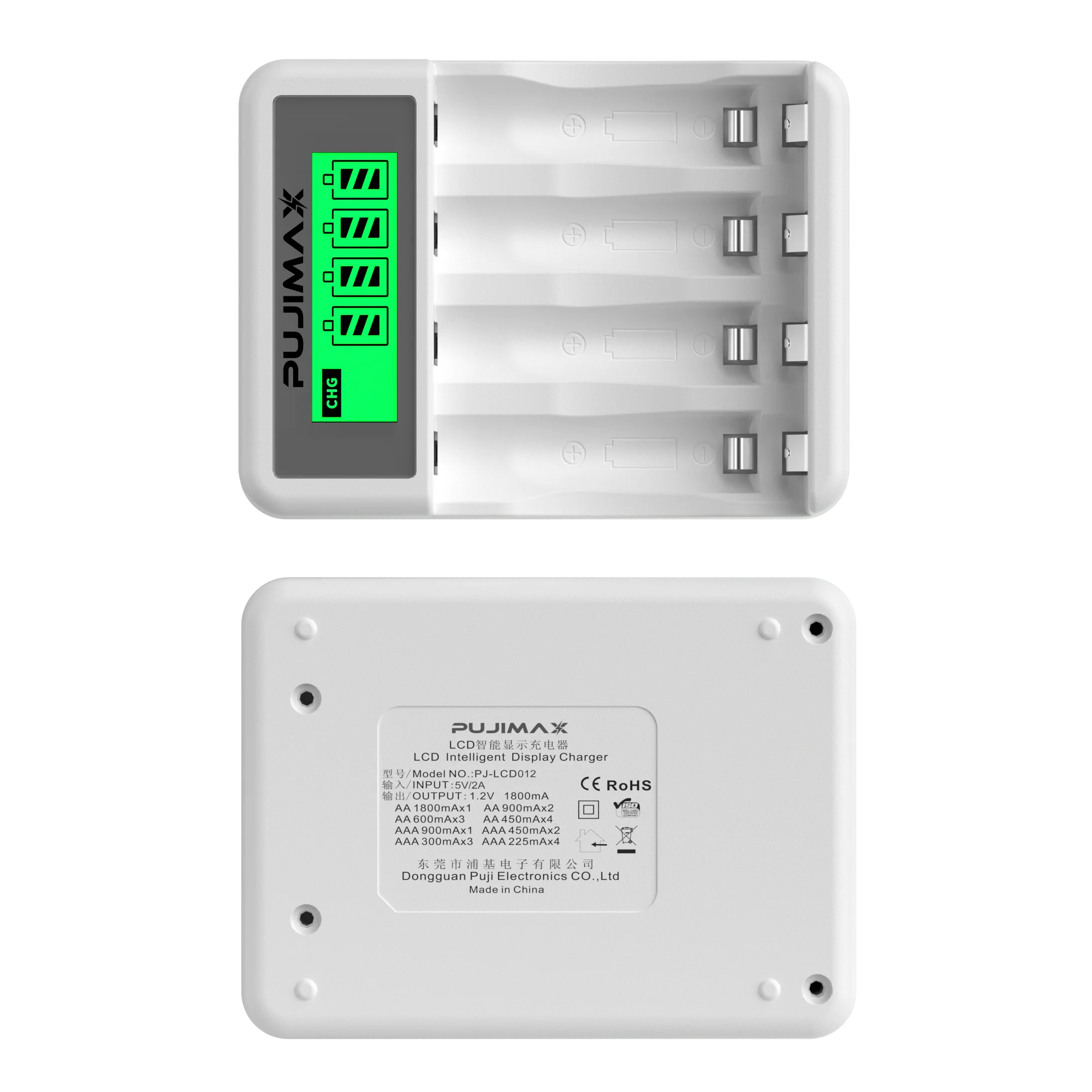 PUJIMAX Smart LCD Battery Charger with 4 Slots for Rechargeable AA/AAA Batteries