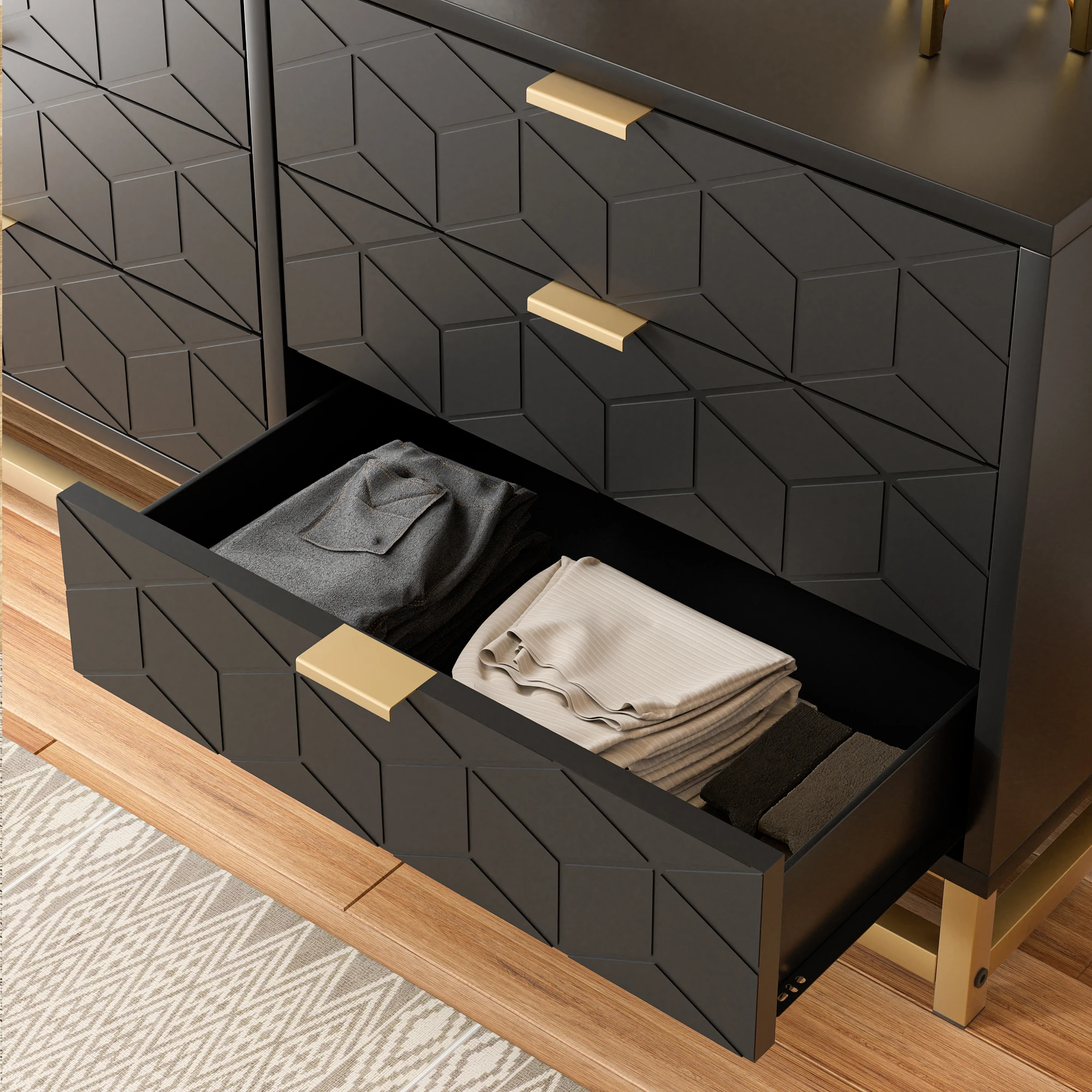 Black 6 Drawer Dresser for Bedroom, Wood Chest of Drawers with Metal Legs, Modern Storage Dresser Chest Cabinet Organizer 4