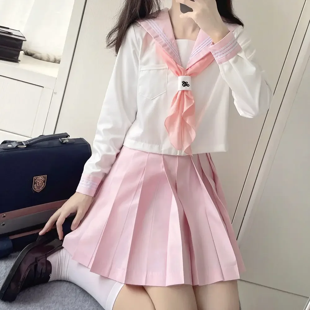 Pink Style Korean Sailor Set Women Seifuku High School Student JK Uniform Japanese Sailor Suit Cos Costumes Girls Pleated Skirt
