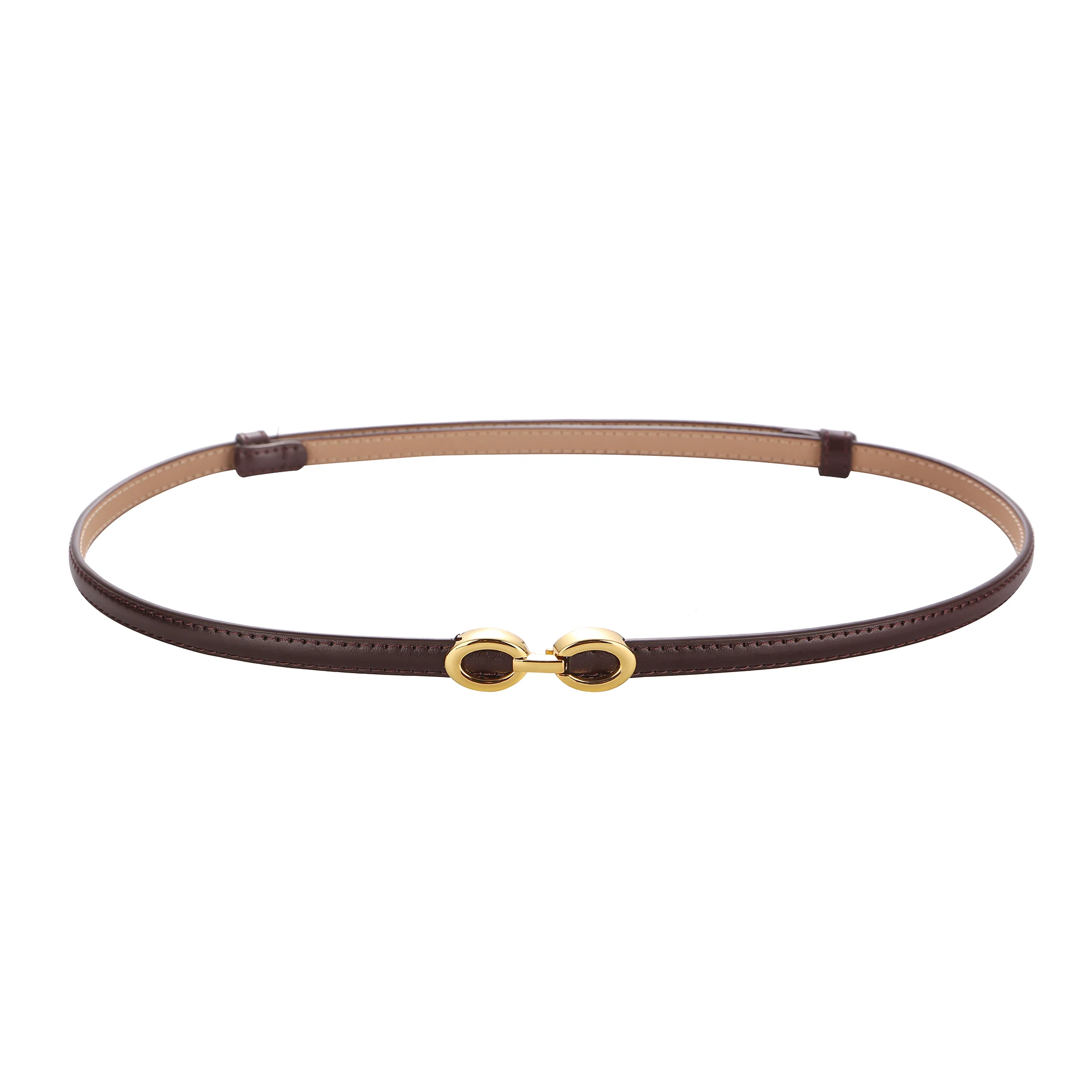 Women's Thin Leather Belt 1cm Gold Oval Snap Buckle Minimalist Business Belt for Suits Dresses Office Wear