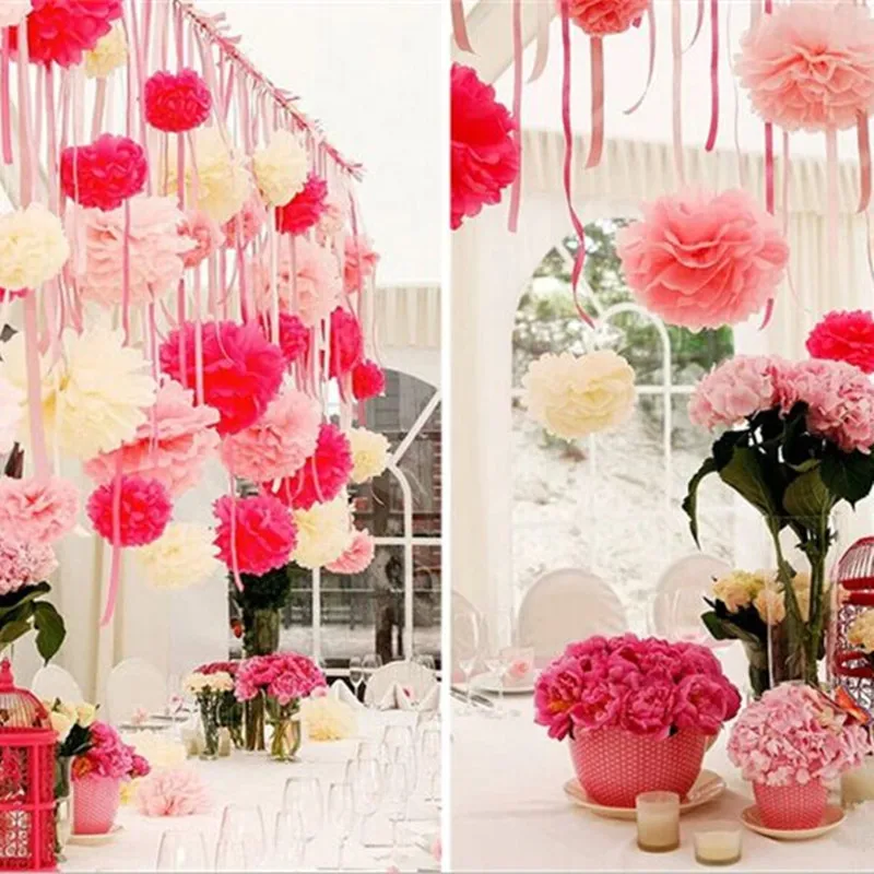 5 Pcs Tissue Paper Pom Poms Flower Balls Wedding Decoration 4" 6" 8" 10" 12" 14" 