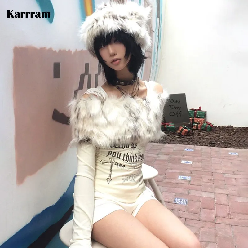 Karrram Japanese Y2k Fur Collar Tops 2000s Aesthetics Off Shoulder Knit Tops Vintage Harajuku Letter Print Long Sleeve T-shirt 1