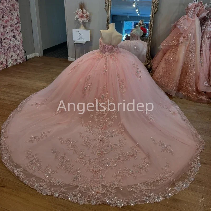 Angelsbridep Sparky Pink Ball Gown Quinceanera Dresses Sweet 16 Beading Appliques Prom Party Dress Robes De Soir&eacute;e