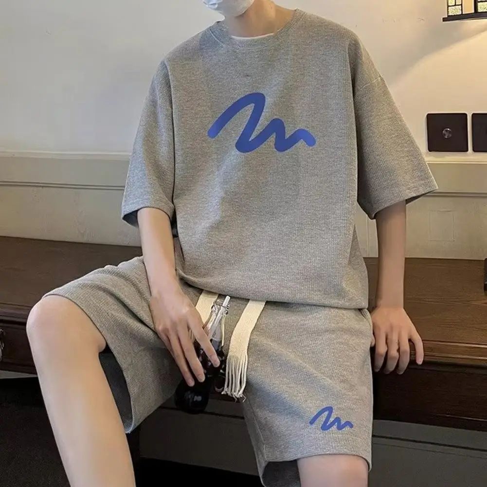 

Summer Sports Suit Men's Summer Casual Outfit Set with O-neck Short Sleeve T-shirt Elastic Drawstring Waist Wide Leg for A