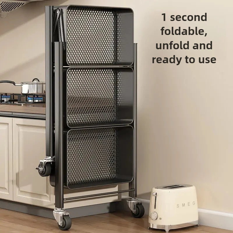 Folding Storage Rack Trolley Living Room Shelf Cart with Wheels Mobile Storage Organizer Multi-Layer Kitchen Rack