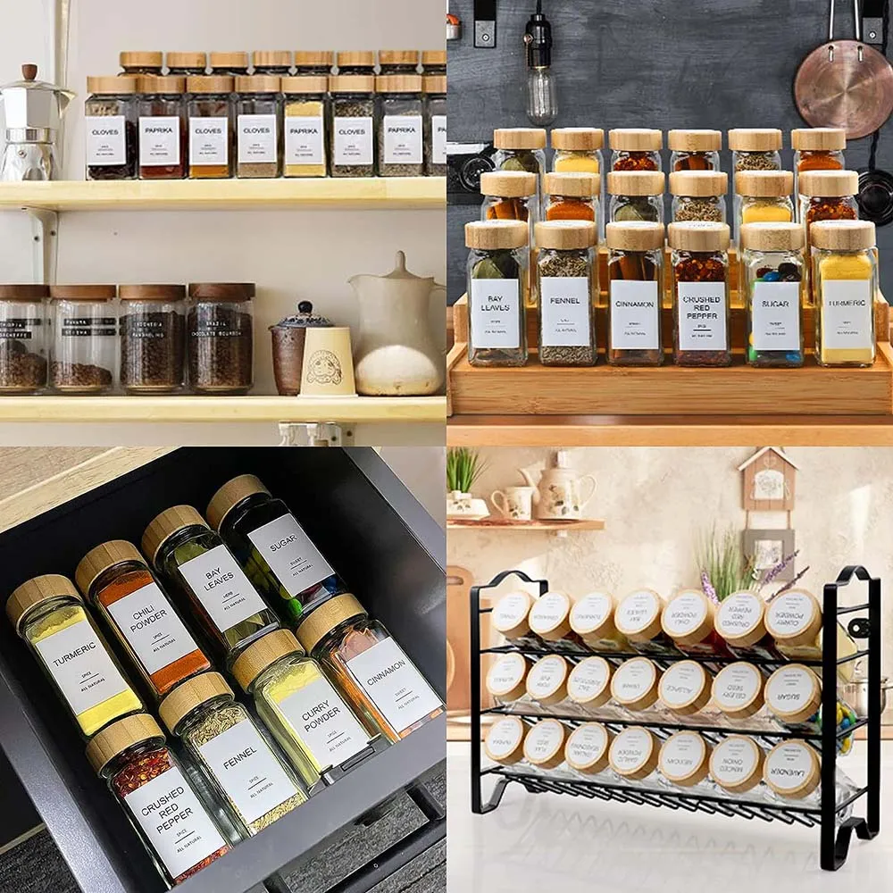 12Pcs 4oz Glass Spice Jars with Bamboo Airtight Lids , Empty Square Containers Seasoning Storage Bottles,Salt and Pepper Shakers