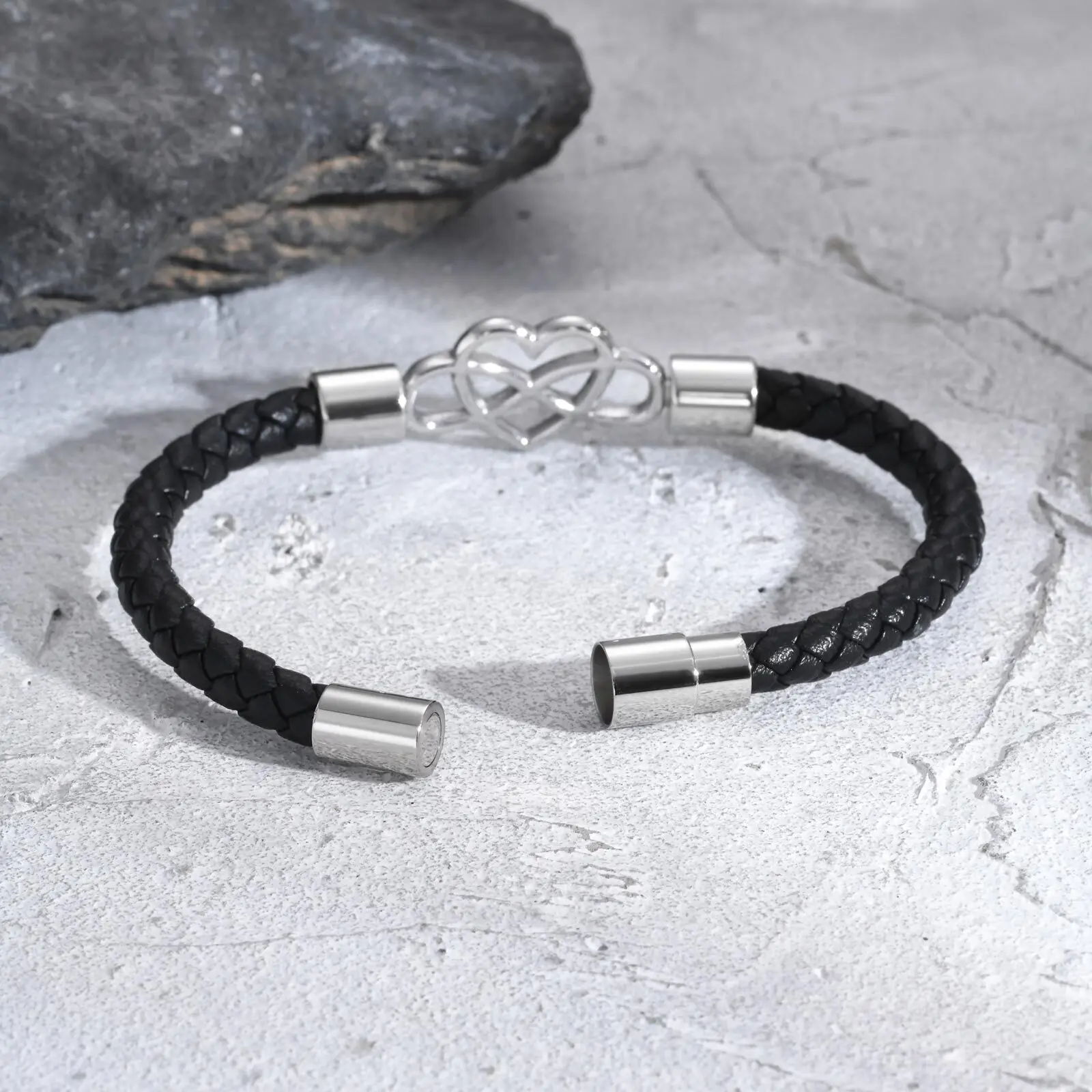 Black Microfiber Leather Rope Bracelet for Men,Infinite Hart-shaped Stainless Steel Bracelet,Anniversary Gifts for Him