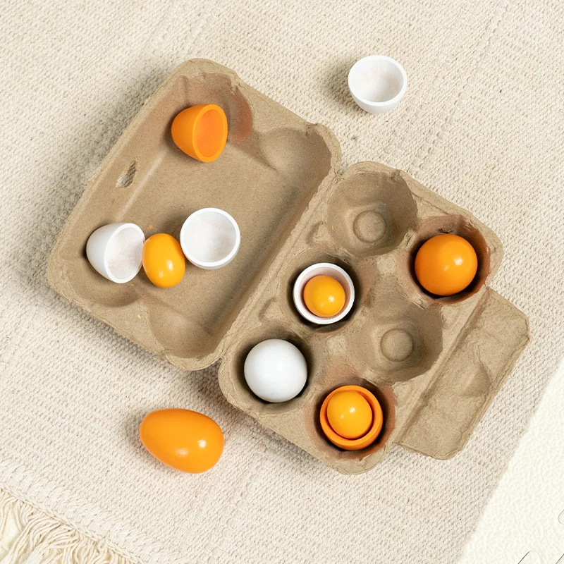 6 pieces simulated wooden egg toy set for children pretending to play with food egg yolk kitchen food children's toys