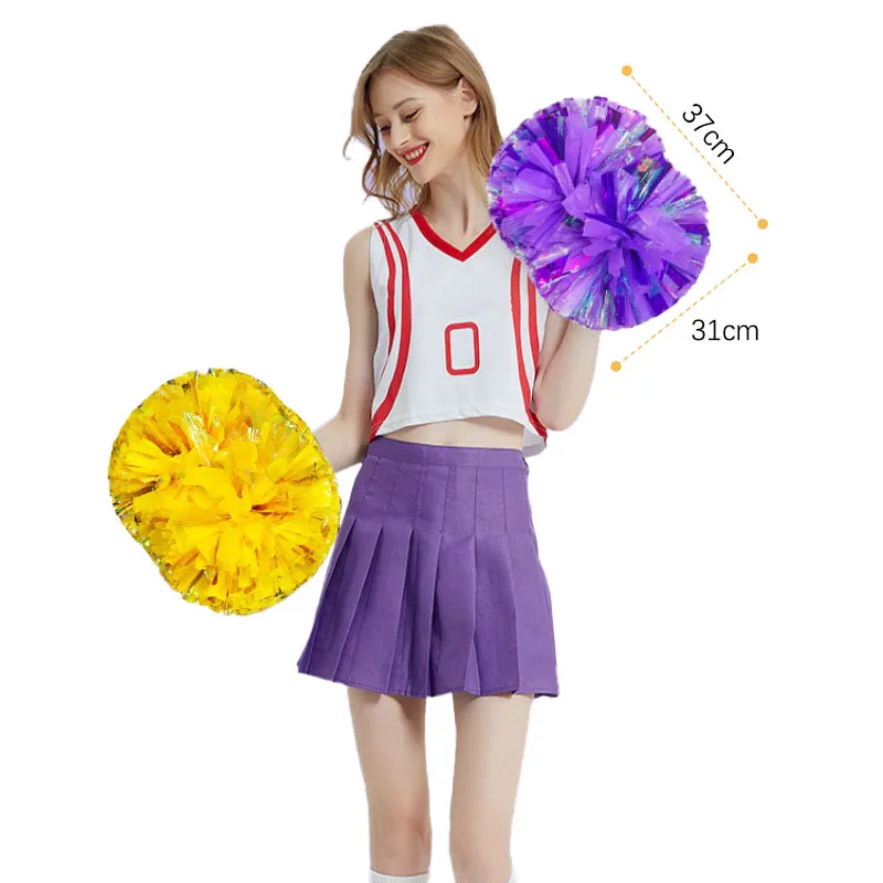 1 Pair Plastic Handle Cheerleader Pom Poms Metallic Shine Streamer Cheerleading Pompom Ball Game Dance Decorator Club Supply