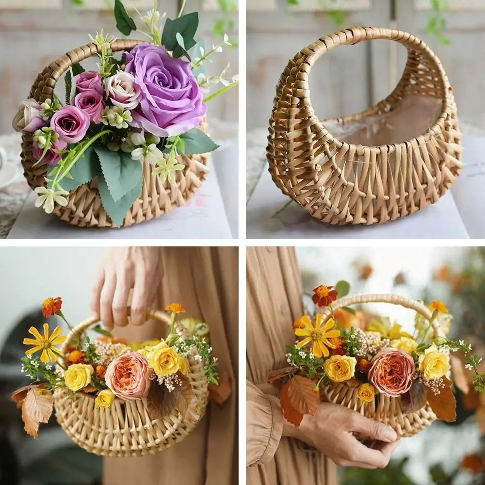Willow Rattan Flower Girl Baskets Yellow Woven Basket Flower Arrangement Basket Handmade Sturdy Wicker Half Moon Baskets Wedding 3