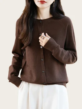 Classic Merino Wool Woman Sweater Basic Female Autumn Winter Knitted Cardigan Elegant Ladies Cashmere Long Sleeve Clothing Tops
