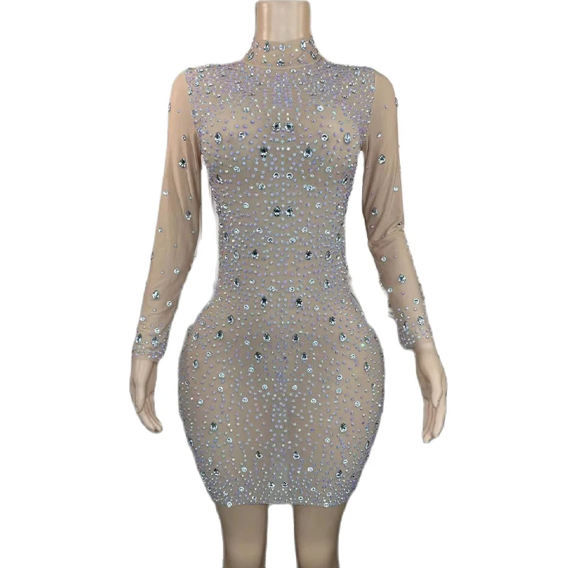 

Women Sexy Silver Glass Rhinestone Transparent Halter Dress Birthday Bar Prom Outfit