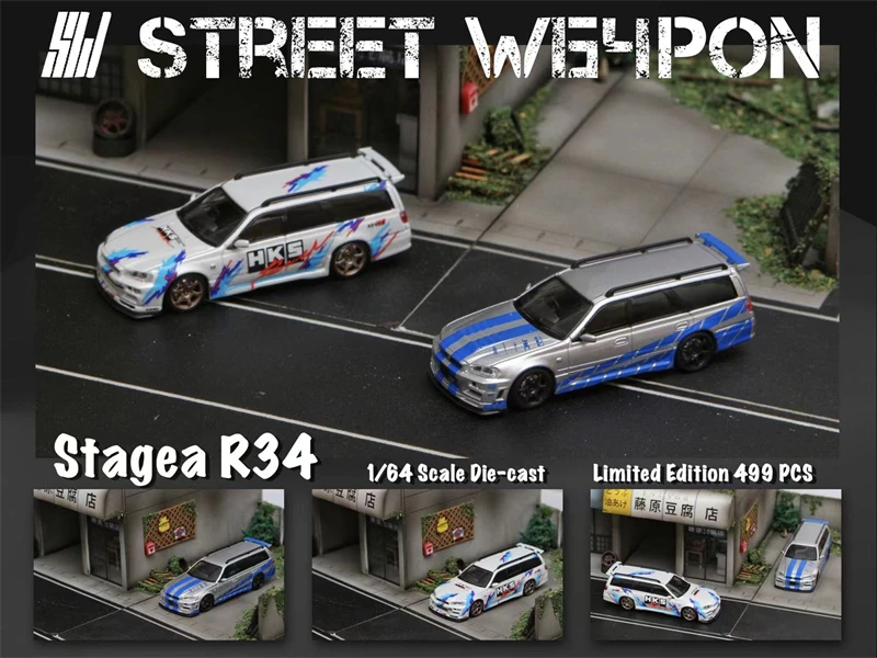 

Street Weapon 1:64 Nissan STAGEA R34 Silver speed /White HKS limited499 Model Car